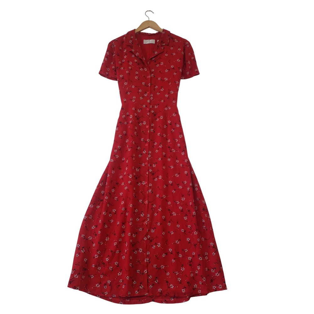 First Issue Dress Womens 14 Red Floral Button Front Maxi Tie Back Vintage 90s